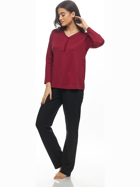 Galaxy Χειμερινό Γυναικείο Σετ Πιτζάμας Μπορντό - Nadia Lingerie