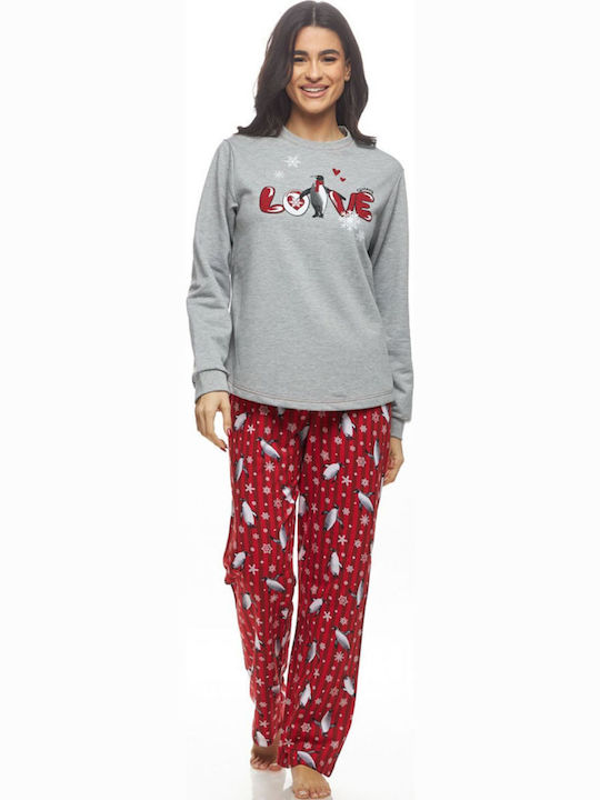 Galaxy Χειμερινό Γυναικείο Σετ Πιτζάμας Βαμβακερό Γκρι Μελανζέ "love penguins" - Nadia Lingerie