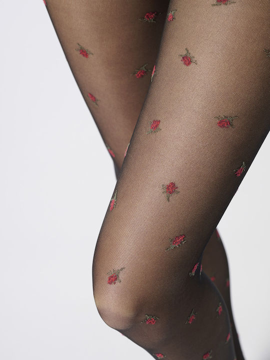 Καλσόν μαύρο με κόκκινα τριαντάφυλλα 30den - Nadia Lingerie