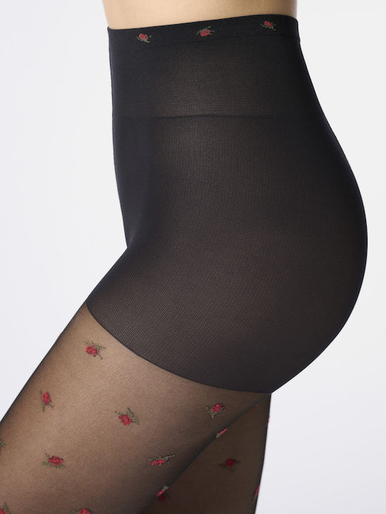 Καλσόν μαύρο με κόκκινα τριαντάφυλλα 30den - Nadia Lingerie