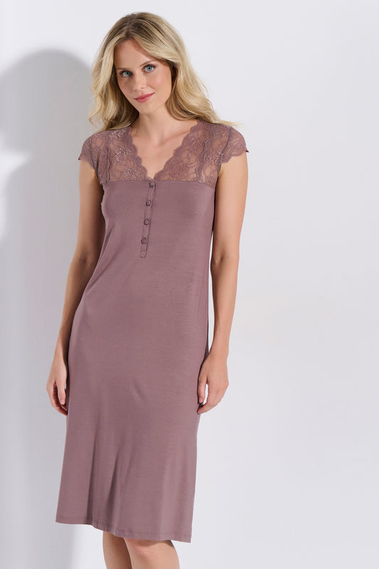 Νυχτικό μόκα με λεπτομέρεια δαντέλας Jeanette - Nadia Lingerie