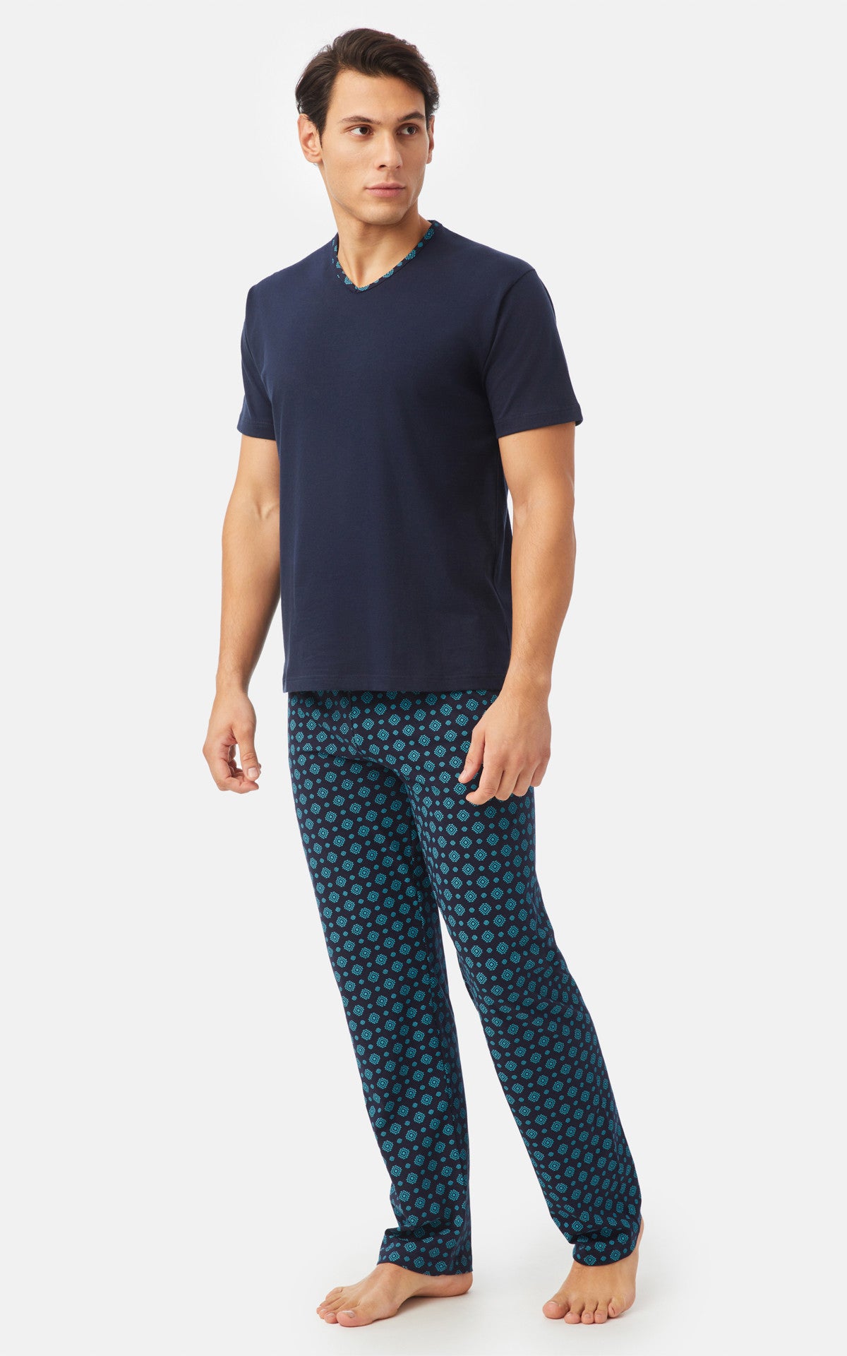 Ethnic Ανδρική Κοντομάνικη Πυτζάμα με V λαιμόκοψη & μακρύ παντελόνι - Nadia Lingerie