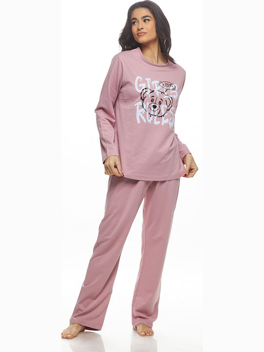 Galaxy Χειμερινό Γυναικείο Σετ Πιτζάμας Βαμβακερό Dusty Pink - Nadia Lingerie