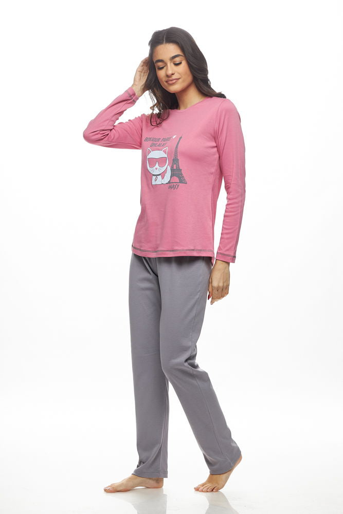 Galaxy Χειμερινό Γυναικείο Σετ Πιτζάμας Βαμβακερό Ροζ - Nadia Lingerie