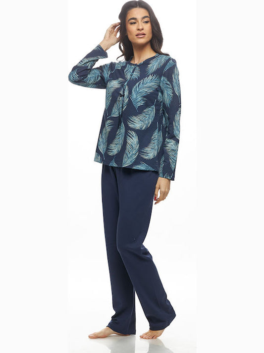 Galaxy Χειμερινό Γυναικείο Σετ Πιτζάμας Βαμβακερό Εμπριμέ - Nadia Lingerie