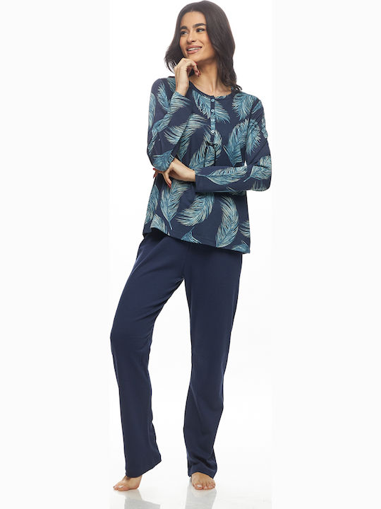 Galaxy Χειμερινό Γυναικείο Σετ Πιτζάμας Βαμβακερό Εμπριμέ - Nadia Lingerie