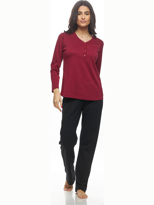 Galaxy Χειμερινό Γυναικείο Σετ Πιτζάμας Μπορντό - Nadia Lingerie