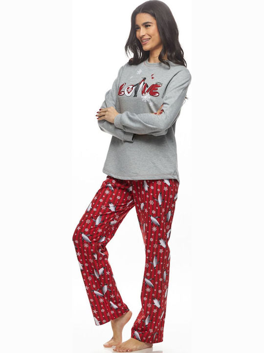 Galaxy Χειμερινό Γυναικείο Σετ Πιτζάμας Βαμβακερό Γκρι Μελανζέ "love penguins" - Nadia Lingerie