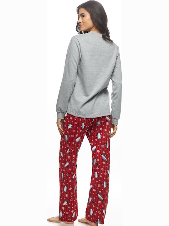 Galaxy Χειμερινό Γυναικείο Σετ Πιτζάμας Βαμβακερό Γκρι Μελανζέ "love penguins" - Nadia Lingerie