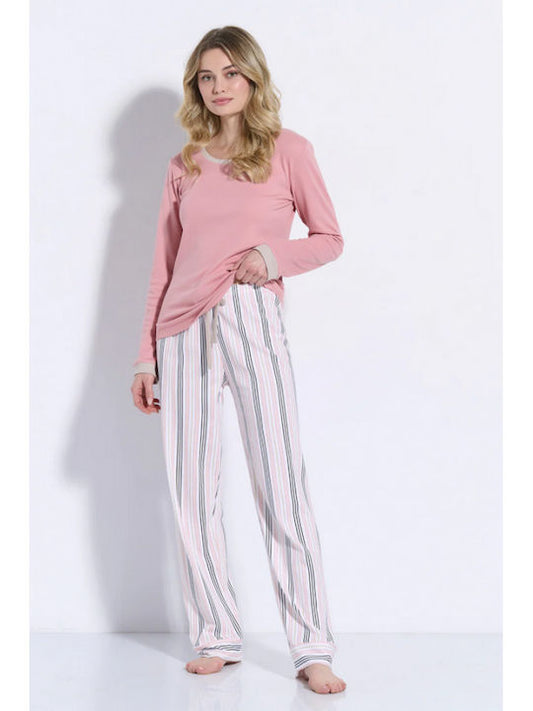 Jeannette Lingerie Χειμερινό Γυναικείο Σετ Πιτζάμας Βαμβακερό Ροζ - Nadia Lingerie