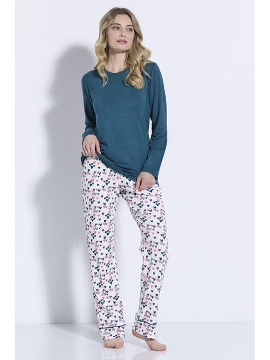 Jeannette Lingerie Χειμερινό Γυναικείο Σετ Πιτζάμας Βαμβακερό Πετρόλ - Nadia Lingerie