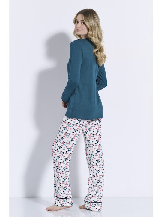 Jeannette Lingerie Χειμερινό Γυναικείο Σετ Πιτζάμας Βαμβακερό Πετρόλ - Nadia Lingerie
