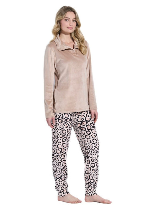 Jeannette Lingerie Χειμερινό Γυναικείο Σετ Πιτζάμας Μπεζ - Nadia Lingerie