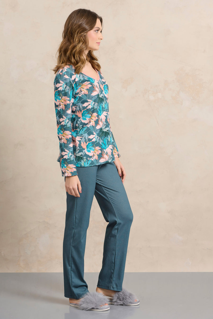 Πυτζάμα με δαντέλα και πριντς - Nadia Lingerie