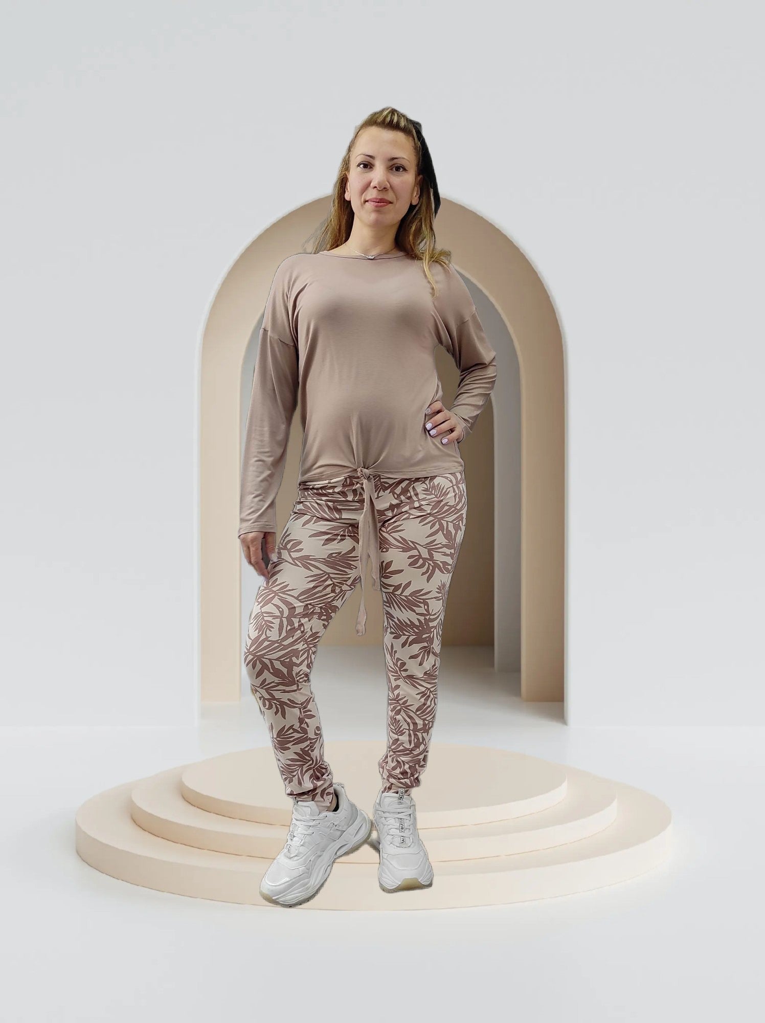 Μακρυμάνικες πυτζάμες με φύλλα - μπεζ - Nadia Lingerie