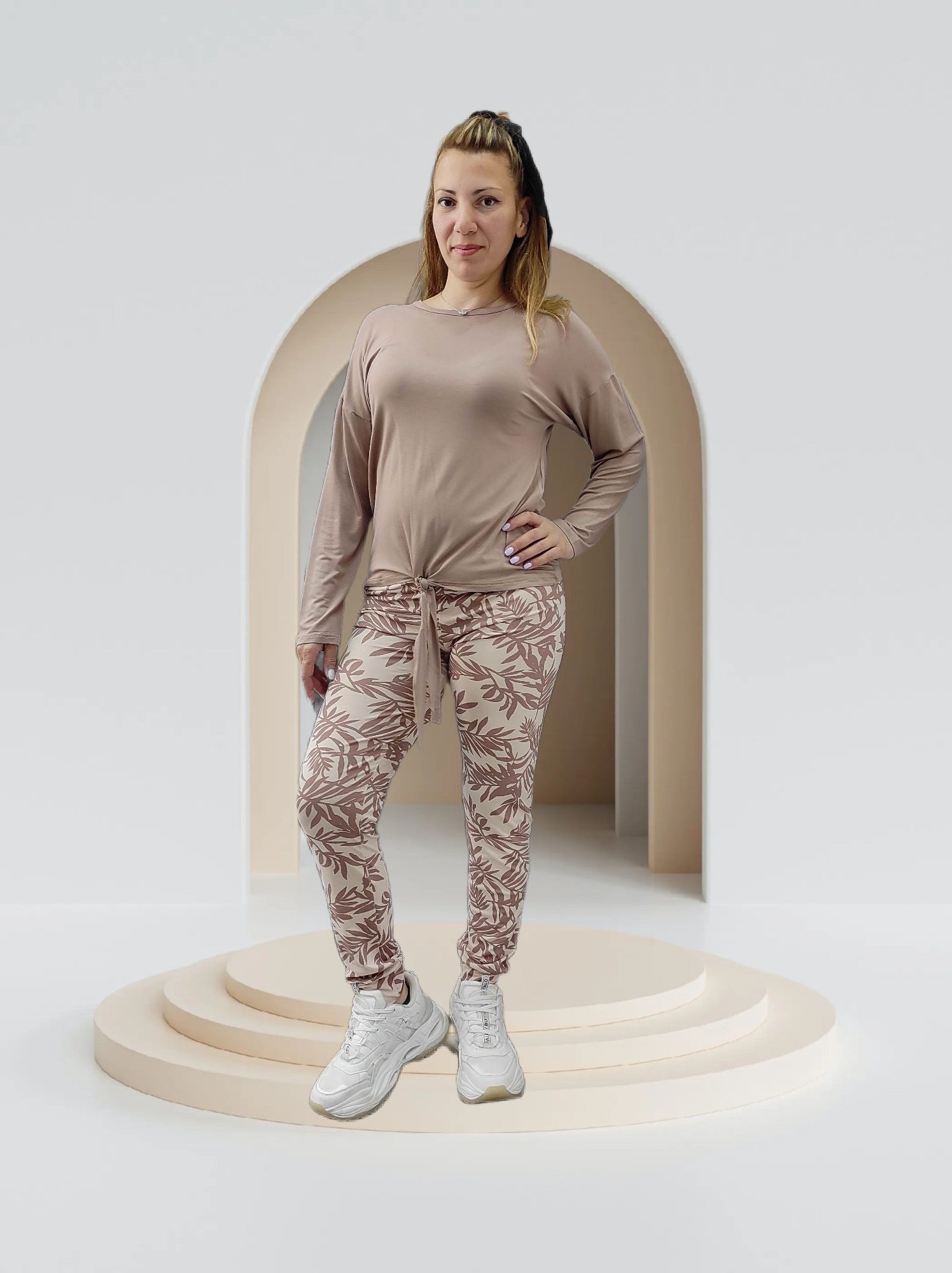 Μακρυμάνικες πυτζάμες με φύλλα - μπεζ - Nadia Lingerie