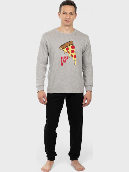 Ανδρική Πιτζάμα Nina Club Just Eat It Pizza Γκρι 100% Βαμβάκι - Nadia Lingerie